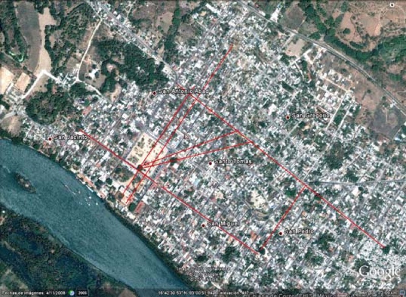 Trazado de los ejes principales de las ceibas y la piedra ahorcada