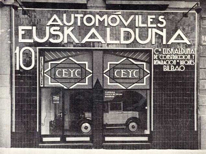 Fachada de la tienda de automóviles Euskalduna de Rafael Bergamín. Fuente: "Tiendas nuevas en Madrid. La camisería de lujo Regent, la tienda de automóviles Ballot, la tienda de automóviles Euskalduna", Arquitectura, nº 99, julio de 1927, pág. 260.