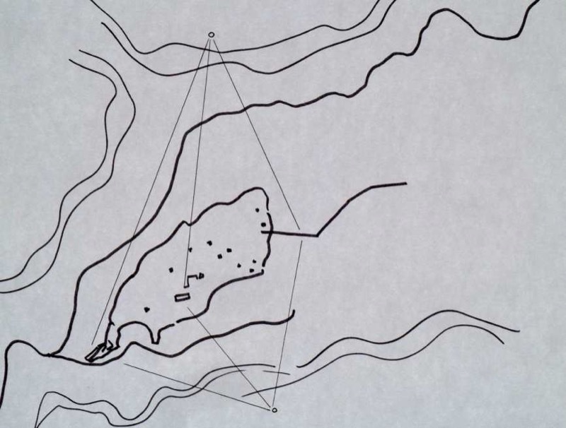 Esquema de la ciudad y su entorno donde se señalan los lugares aproximados desde donde están realizados los dos grabados de Anton Van den Wyngaerde.