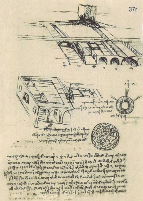 Leonardo da Vinci. Ciudad ideal Manuscrito B, folio 37r.