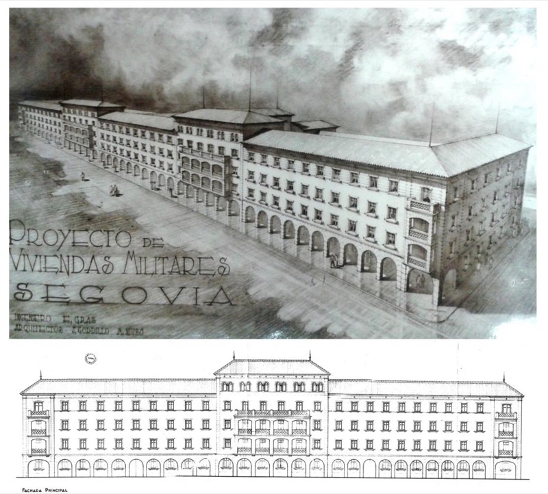 Perspectiva y alzado principal del anteproyecto de viviendas militares