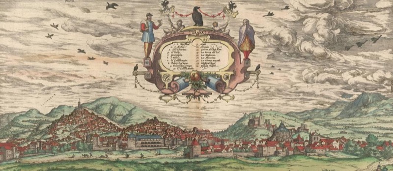 J. Hoefnagel (dib.) y F. Hogenberg (grab.). Vista de Granada desde la Vega [detalle], en Civitatis Orbis Terrarum, 1572.