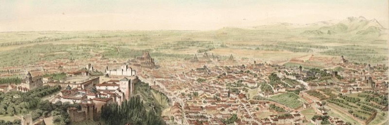 A. Guesdon (dib. y lit.). Vista de Granada desde el Cerro del Sol [detalle], en L’ Espagne a vol d’odiseau, h. 1853.