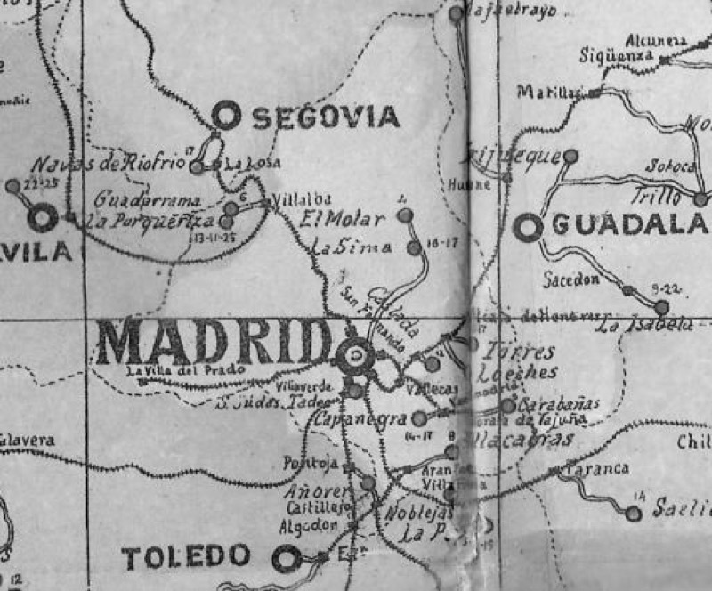 Detalle del Mapa y Consultor Estadístico Hidro-Minero-Medicinal de la Península Ibérica, de 1903, donde aparecen los centros balnearios y manantiales de Guadarrama, La Porqueriza y La Losa (Segovia), y sus conexiones con el trazado ferroviario.