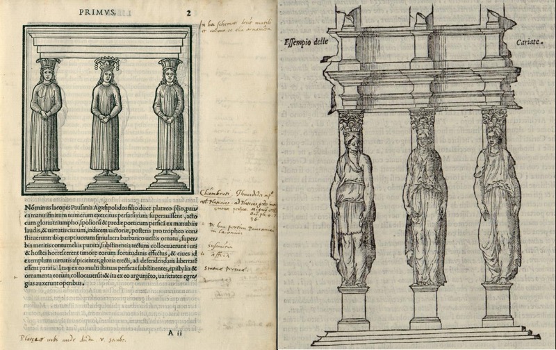 Imagen con los esquemas de tres cariátides que aparecen en la primera edición ilustrada de Fra Giocondo (1511: 2r) y con la repetición de la misma disposición de la edición de <a href=