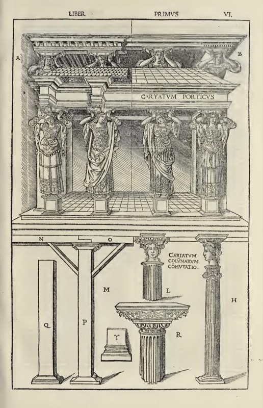 Representación de las cariátides en la edición de Cesare Cesariano (1521: 6r)