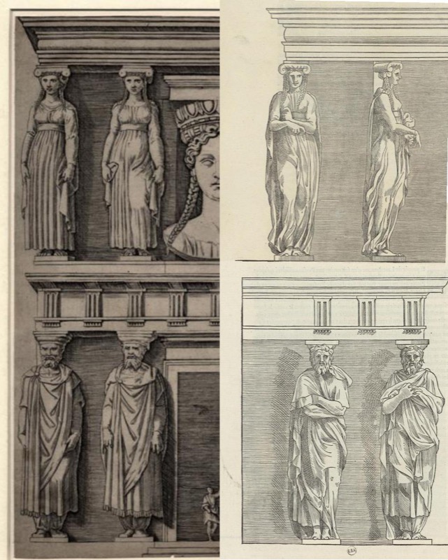 Comparación de las cariátides y los persas presentes en la estampa de Marcantonio Raimondi (a la izquierda) y las representadas por Jean Goujon (a la derecha) para la versión francesa de Jean Martin (1547: 2v, 3v)