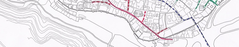 Tipos de cruces de calles. En rojo se representan los cruces que caracterizan las calles de la zona 1. En verde los de la zona 2. Mientras en el primer caso los encuentros son en Y, sin una orientación clara, en el segundo tipo la búsqueda de calles ortogonales a las calles principales es evidente. La retícula se va deformando al acercarse a la zona 1 perdiéndose en un área de transición que resuelve el encuentro entre ambas tramas urbanas. Fuente: elaboración propia.