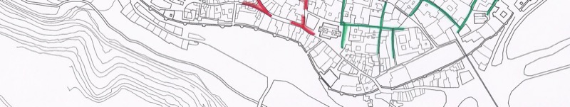 La transición entre ambas tramas urbanas. Una manzana en que conviven ambos modelos. La mitad superior de la manzana es claramente regular, conforme a las características de la zona 2. La mitad inferior de la manzana, por contra, se configura de acuerdo a los parámetros de calles, esquinas, manzanas, parcelas y edificaciones definidas para la zona 1. Foto SIGPAC.