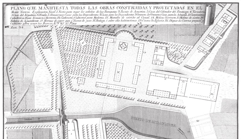 Plano que manifiesta todas las obras construidas y proyectadas en el Monte Torrero (Tiburcio del Caso, 1796)