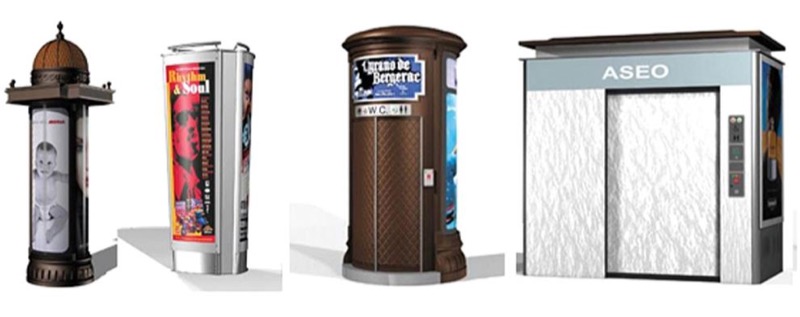 Columnas publicitarias y aseos públicos diseñados para diferentes espacios urbanos: núcleos históricos y centros de innovación. Fuente: www.iedge.eu/hugo-cuervo-publicidad-exterior