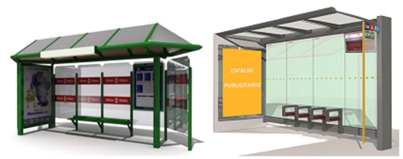 Ejemplos de las diferentes marquesinas utilizadas por Cemusa en Bilbao y por JCDecaux en Sevilla, las cuales tienen un diseño diferenciado que se adapta a las diferencias de clima de cada ciudad. Fuentes: tinyurl.com/nb8khnb y www.tussam.es/index.php?id=438.