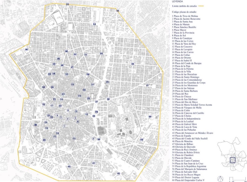 Localización de las plazas en el plano de Madrid
