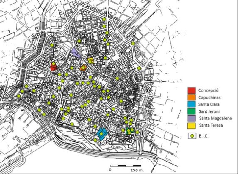 Localización de los conventos de clausura y de los bienes de interés cultural (BIC) en la trama urbana del centro histórico de Palma en la actualidad