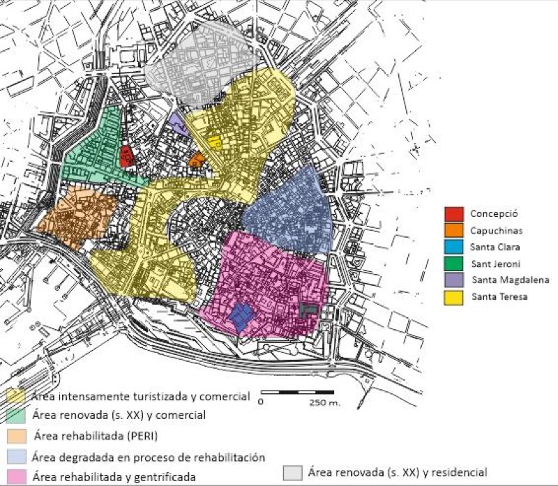 Localización de los conventos de clausura y principales espacios urbanos del centro histórico de Palma en la actualidad