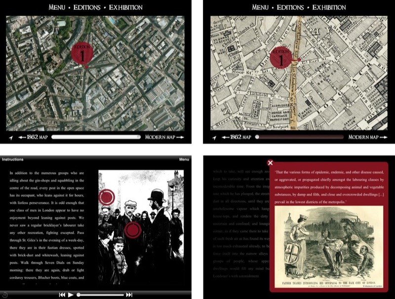 Capturas de pantalla del mapa de Londres de la app Dickens: Dark London