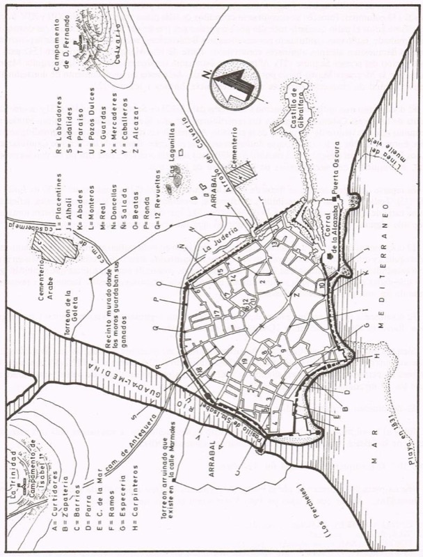 Localización de mezquitas en el plano de Málaga Musulmana