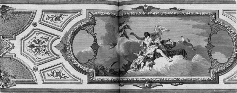 La alegoría del Té. Techo pintado por José Vallejo y Galeazo, con ornamentación de Augusto Ferri y Giorgio Busato, en el café de Fornos de Madrid.