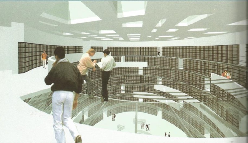 Interior de la Biblioteca propuesta por Pedro Domínguez Anadón et alt. Fuente: Gerencia de Urbanismo de Santa Cruz de Tenerife. Publicada en Basa, 2001, 115