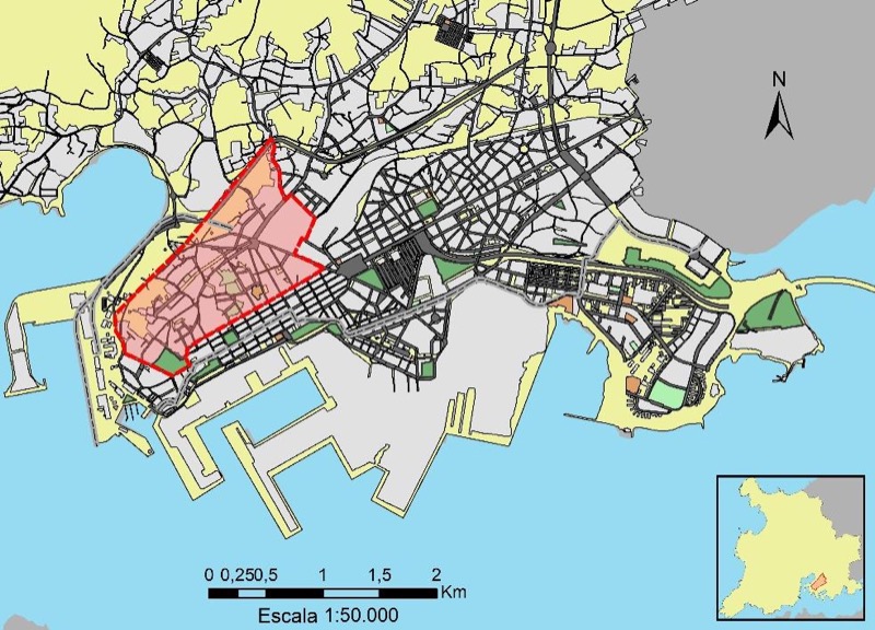 Plano urbanístico del barrio de Canido (zona sombreada)