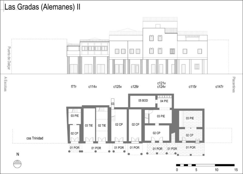 Dibujo en planta y alzado compuesto de la calle Gradas, desde Génova