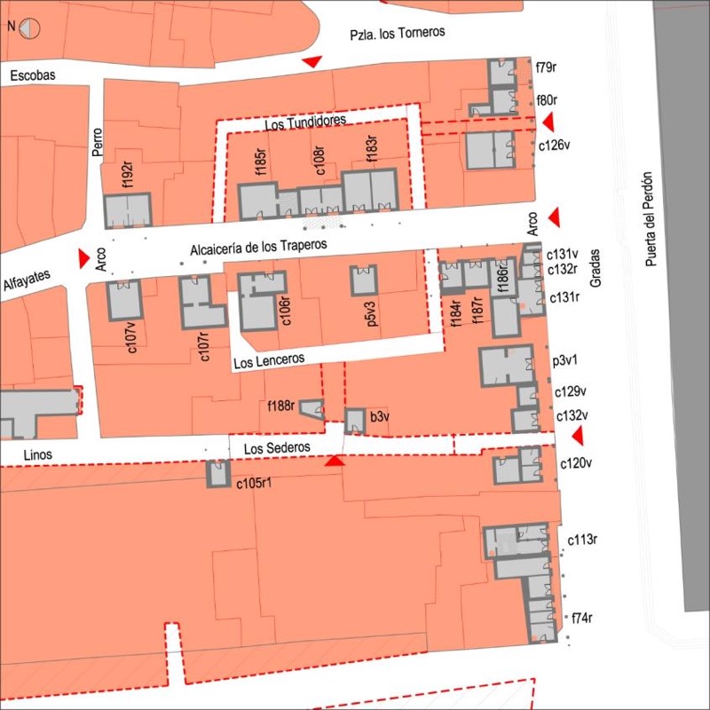 Dibujo en planta y alzado compuesto de la calle Gradas, de la manzana esquina con Placentines