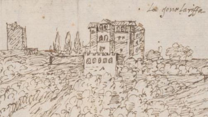 Detalle de la vista desde el norte de Anton van den Wyngaerde (1567), donde se aprecia el jardín de tapias perforadas. Fuente: Villes d'Espagne (1563-1570). Österreichische Nationalbibliothek. Cod. Min. 41, f. 32a. http://data.onb.ac.at/rec/AC14451337