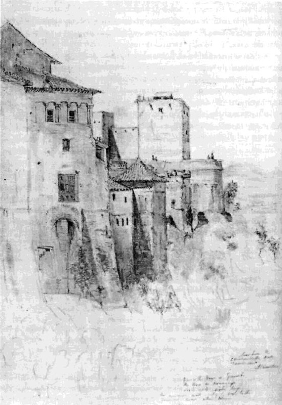 Arriba y a la izquierda, el mirador sobre darro de los aposentos de la Emperatriz, según dibujo de Richard Ford (1830-1833). Entonces aún se conservaba aunque la mayor parte de sus huecos habían sido tapiados. Fuente: Vilar Sánchez, 2007: 58.