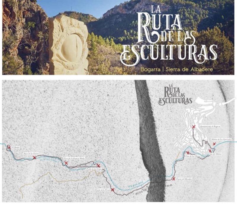Ruta de las Esculturas de Bogarra (cartel anunciador y mapa de situación)