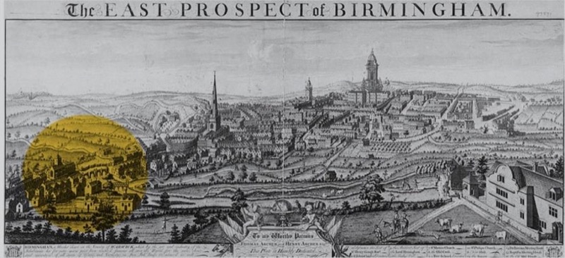 Representación de la ciudad de Birmingham, en la que se representa el Digbeth en un círculo amarillo, como un pequeño asentamiento rural al lado del centro de la ciudad.