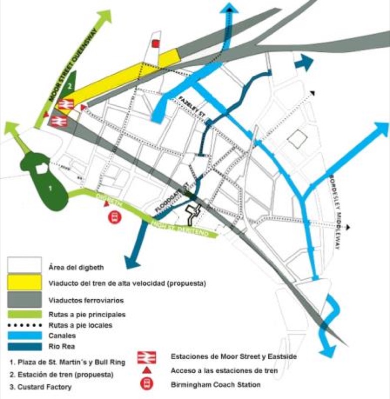 El Eastside y sus diferentes áreas en función de su estrategia temática. Al sur, puede observarse el Digbeth, convertido en un espacio creativo.