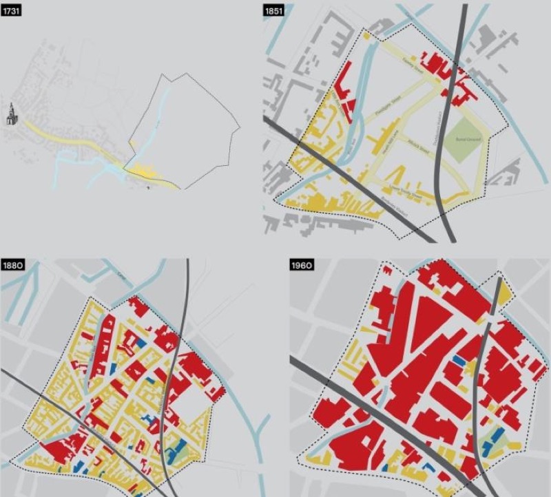 Evolución de los espacios industriales (rojo), residenciales (amarillo) y comunitarios (azules) en el Digbeth en 1731, 1851, 1880 y 1950, respectivamente.