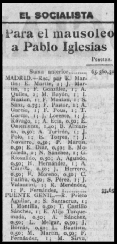 Parte del listado de donaciones para el monumento a Pablo Iglesias en El Socialista. (11/05/1929).