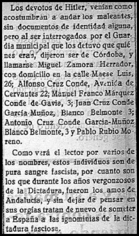 Recorte de prensa, detalle sobre la detención de los implicados en el attentado al busto de Pablo Iglesias. Diario El Sur, 7 de febrero de 1934.