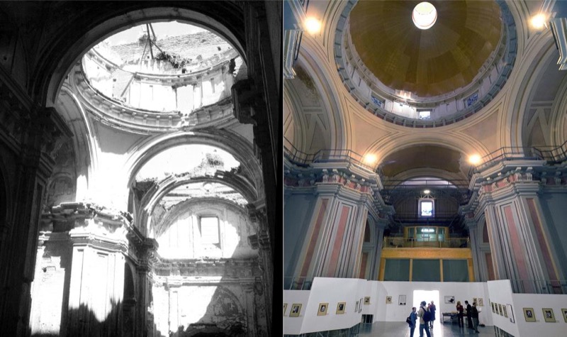 Colegio de San José de los Caracciolos, 1632. Facultad de Filosofía y Letras. Estado de la Iglesia en 1987 y después de la intervención (espacio expositivo) en 1997.