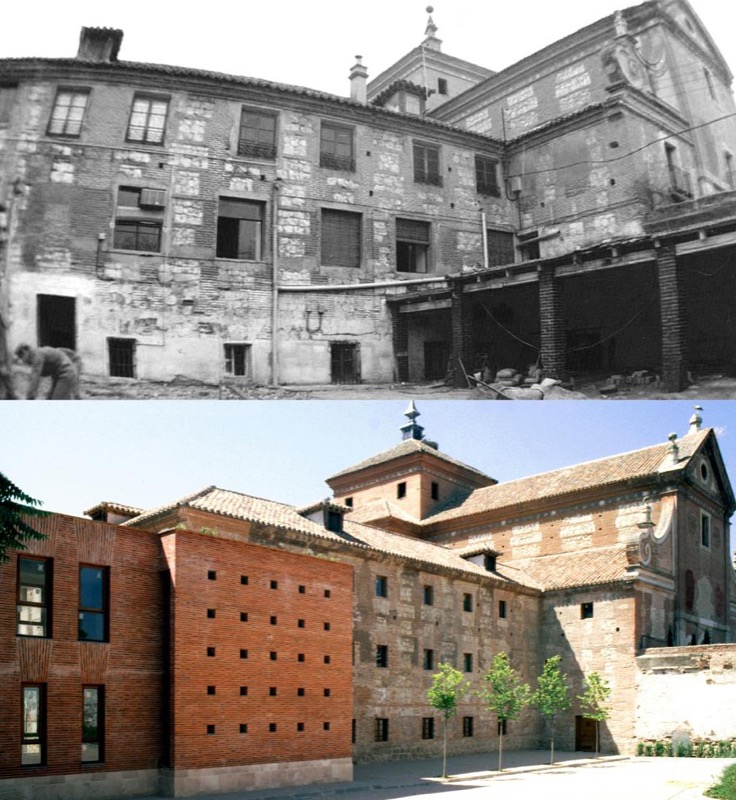 Colegio de Trinitarios, 1626. Centro de Lenguas Extranjeras. Estado del patio de acceso en 1992 y después de la intervención en 1997.
