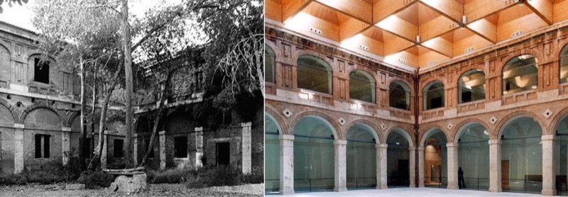 Colegio del Carmen Calzado, 1640. Escuela de Arquitectura. Estado del claustro en 1998 y después de la intervención en 1997.