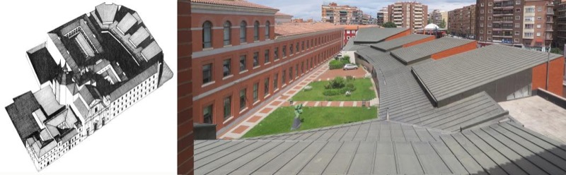 Colegio de Jesuitas, siglos XVI-XVIII. Facultad de Derecho. Ampliación, 1990. Izquierda, axonométrica del conjunto. Fuente OGIM-UAH. Derecha, imagen estado actual.