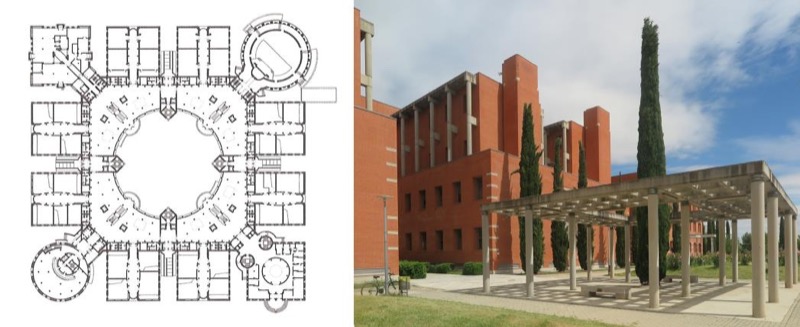 Escuela Politécnica, 1999. Izquierda, planta de acceso. Fuente: OGIM-UAH. Derecha, imagen de estado actual.