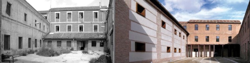 Colegio de la Trinidad Calzada, 1612. Archivo del Movimiento Obrero. Estado del patio en 2008 y después de la intervención, 2010.