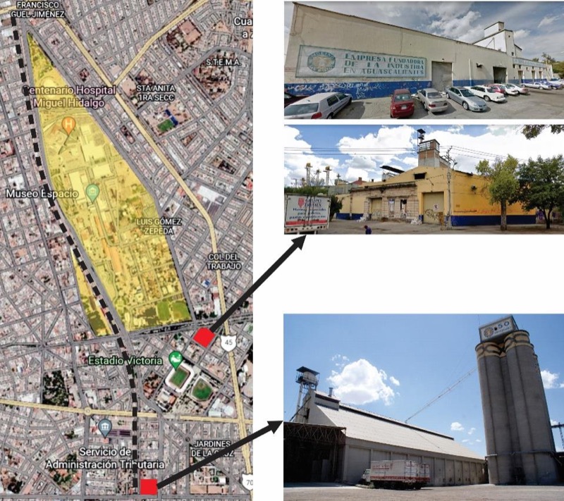 Figura 2 – Ubicación de las instalaciones del Molino San Marcos en relación a las instalaciones del ferrocarril. Fuente: elaboración propia a partir de imágenes obtenidas en el Google Earth y archivo propio, 2022.