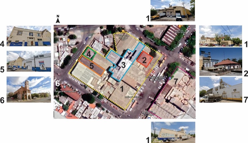 Figura 3 – Diferentes etapas y/o espacios que conforman el Molino San Marcos: 1- Construcción original del molino; 2- Casa familiar convertida en oficinas del molino; 3- Instalaciones más recientes del conjunto; 4- Finca donde vivía el Maestro Molinero; 5- Antiguas instalaciones de la Galletera San Marcos, actualmente bodega del molino; 6- Parroquia de Cristo Rey; 7- ALIAMSA, Interpec, Sabro Pollo y Sabro Huevo. Fuente: elaboración propia a partir de imágenes obtenidas en el Google Earth y archivo propio, 2022.