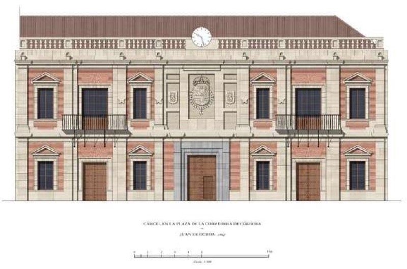 Edificio de la Cárcel y Casa del Corregidor. Det. de la portada (según aspecto actual). Autor del dibujo: Imanol Iparraguirre.