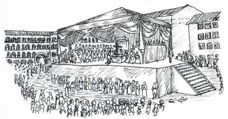 Viñeta con representación del auto de fe de 1722 celebrado en la Plaza de la Corredera, Córdoba. Autora: Ana María Chacón Sánchez-Molina, 2015. Tras el escenario con el cadalso para la causa inquisitorial puede advertirse la "Pared Blanca" con las tres filas de ventanas.