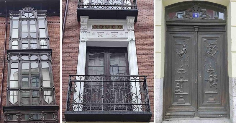 Detalles del estado actual de la fila de miradores, vanos y puerta de la calle Pasión, 3. Teodosio Torres. 1903-1904.