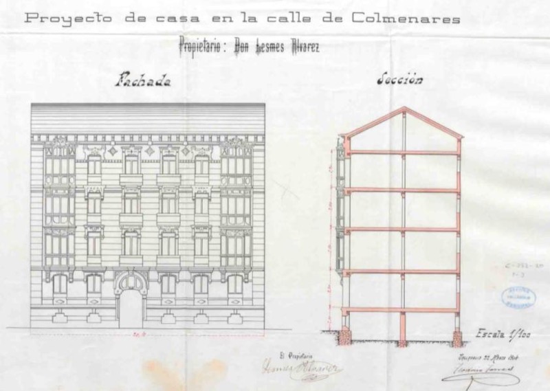 Proyecto de edificio para Lesmes Álvarez en la calle Colmenares. Teodosio Torres. 22 de marzo de 1904.
