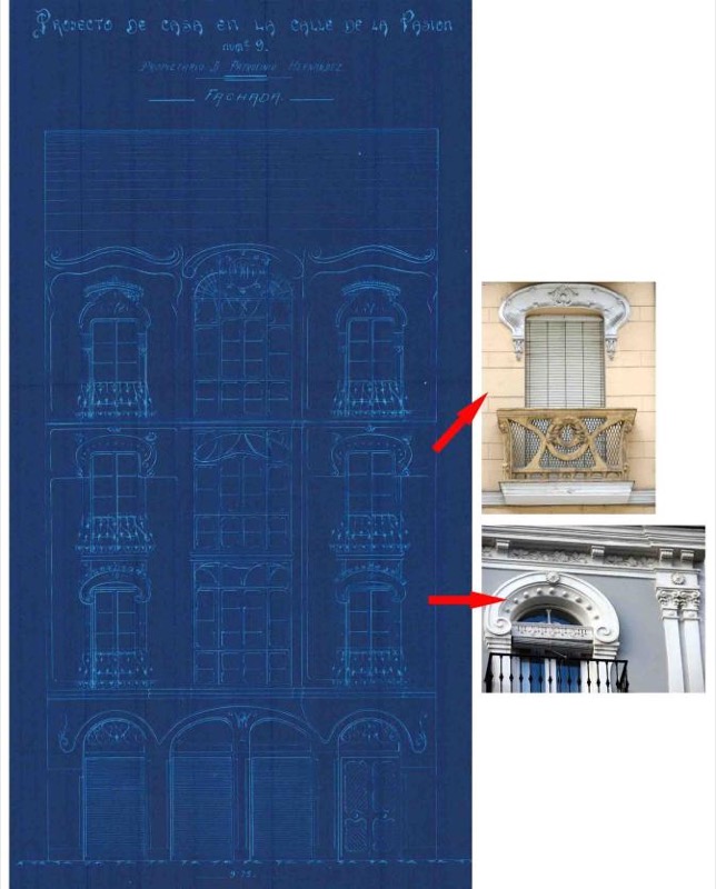 Fachada principal del proyecto de edificio del antiguo número 9 de la calle Pasión (7 de marzo de 1907, Teodosio Torres, AMVA, caja 609-27) y detalles decorativos de los actuales números 14 de la calle Gamazo y 20 de la calle Santiago.