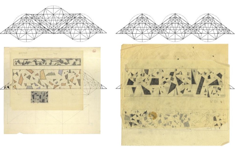 Análisis producido por la superposición del trazado estructurante correspondiente a Ghyka 1946, p. 26, con los bocetos de Pablo Palazuelo: Cosas olvidadas II, 1949-1950 (izquierda) y Signos V, 1952 (derecha).