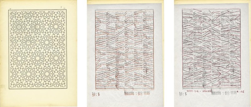 Análisis producido por la superposición del trazado estructurante correspondiente a Bourgoin, 1879, p. 72 (izquierda), con los bocetos de Pablo Palazuelo para El número y las aguas II, 1990.