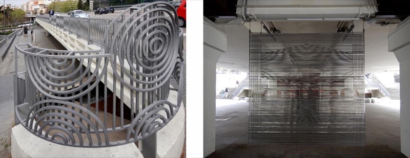 Eusebio Sempere, detalle de barandillas de acero y de la escultura Móvil de 1972 en el Museo de Escultura al Aire Libre de la Castellana, Madrid.